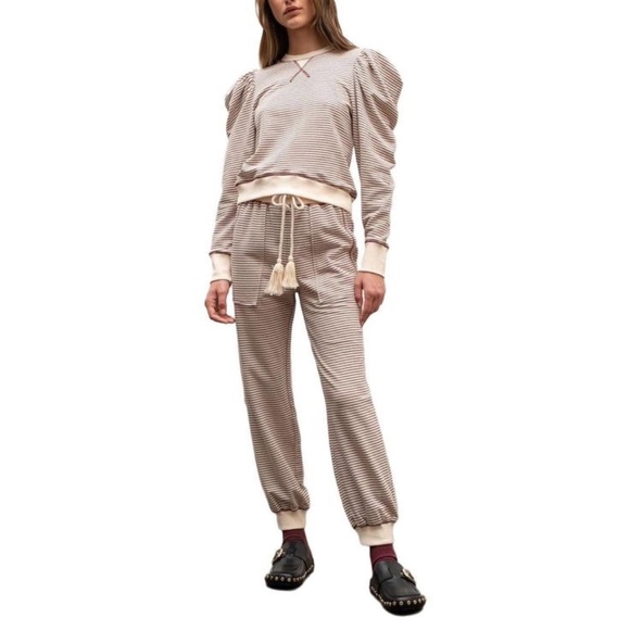 NWT By the River Moon River 2 Piece Striped Puff Sleeve Sweatshirt & Joggers Set - Picture 1 of 15